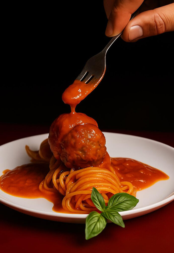 A imagem de um prato de espaguete com uma grande almôndega e molho de tomate, com um garfo levantando um pedaço de molho. Há uma folha de manjericão no prato.