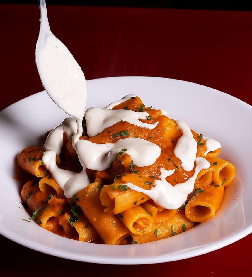 Perfeito! Aqui está o texto alternativo para esta nova imagem, indicando que é da rede "O Macaró":
A imagem de um prato de macarrão rigatoni da rede O Macaró, coberto com um molho de tomate alaranjado e pedaços de cheiro-verde, com um molho branco cremoso sendo derramado por cima de uma colher.